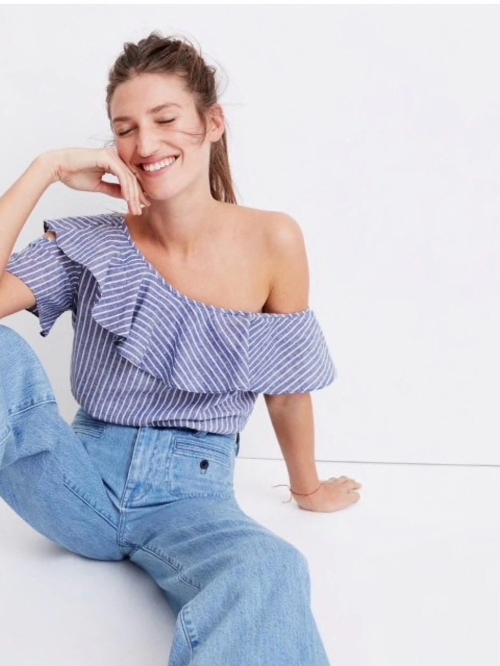 Madewell Striped Blue Ruffle One-Shoulder Women's Top